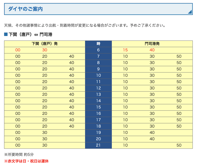 関門汽船時刻表（下関〜門司港）